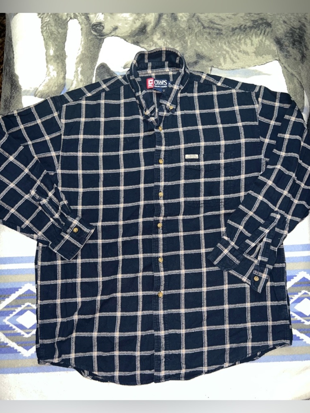 Chaps Navy and Cream Plaid Long-Sleeve Button-Down Shirt